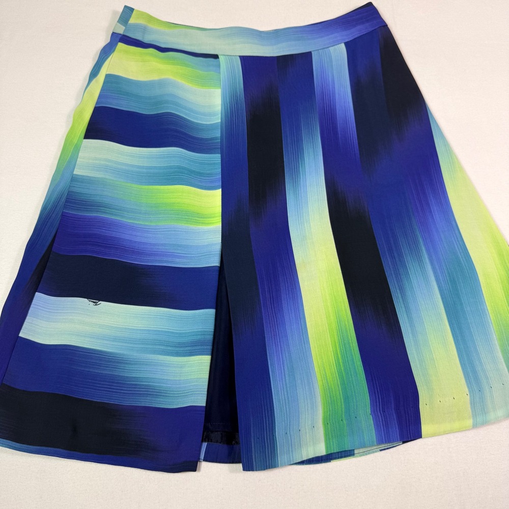 Trina Turk Skirt 2 Blue Green Abstract Stripe A-Line Mini Made in USA